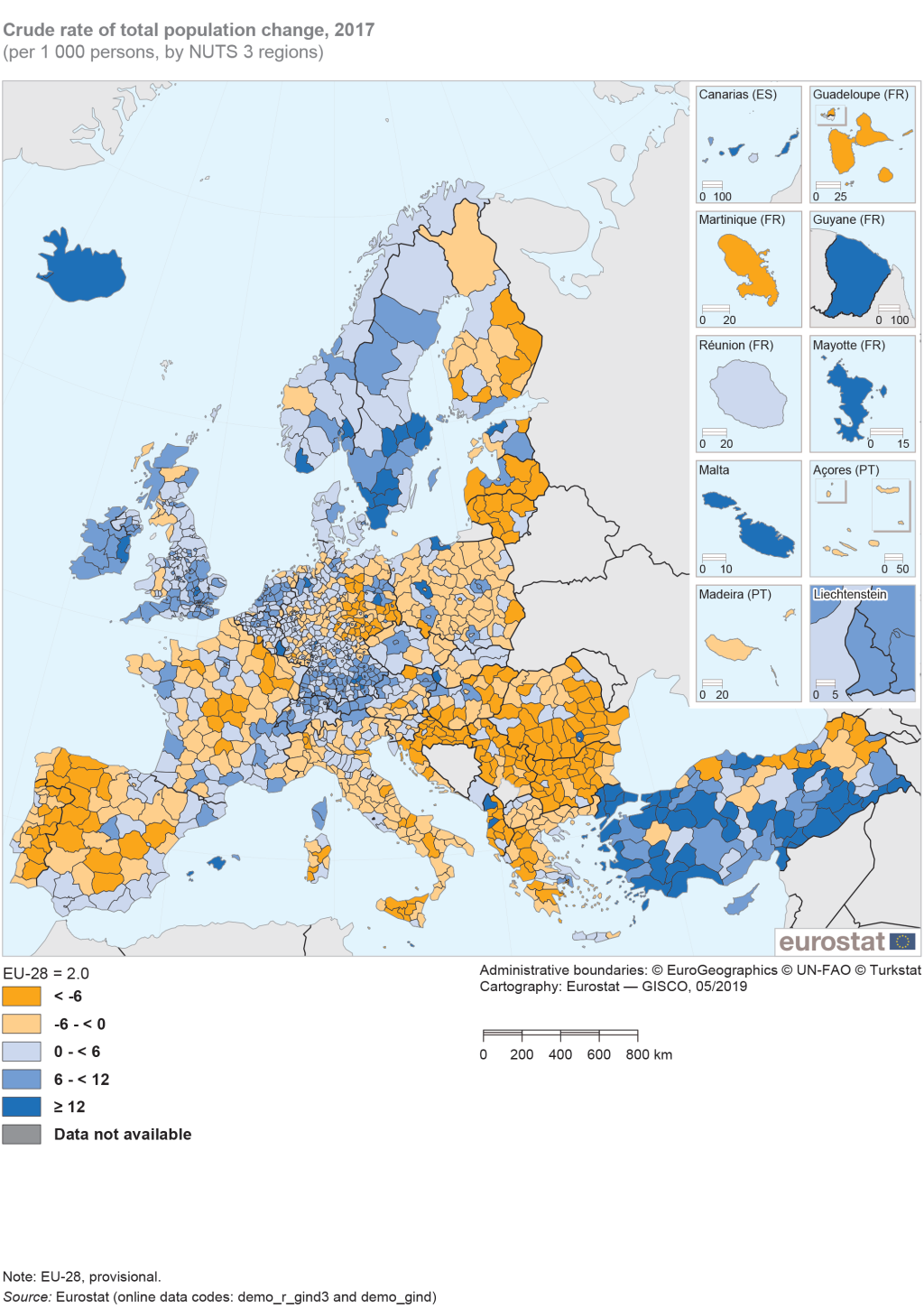 Crude rate of total population change, 2017 (per 1 000 persons, by NUTS 3 regions) RYB19